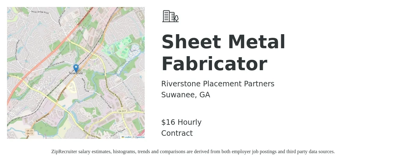 Riverstone Placement Partners job posting for a Sheet Metal Fabricator in Suwanee, GA with a salary of $17 Hourly with a map of Suwanee location.