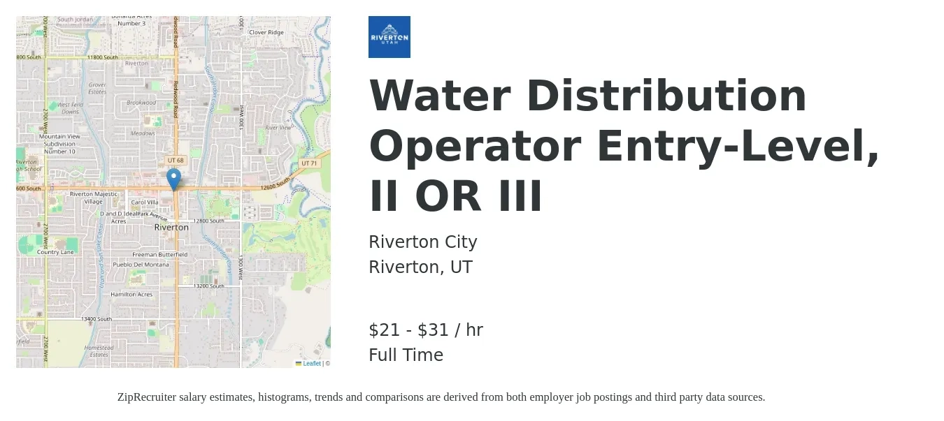 Riverton City job posting for a Water Distribution Operator Entry-Level, II OR III in Riverton, UT with a salary of $22 to $33 Hourly with a map of Riverton location.