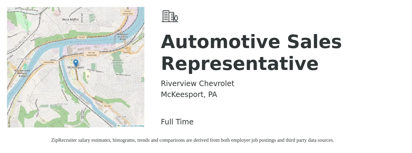 Riverview Chevrolet job posting for a Automotive Sales Representative in McKeesport, PA with a salary of $35,200 to $70,400 Yearly with a map of McKeesport location.