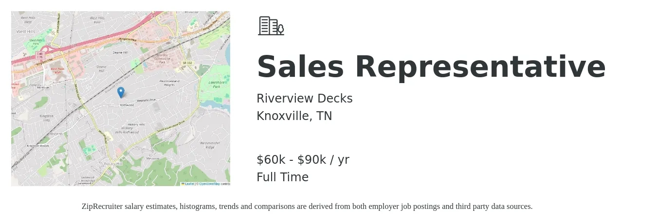 Riverview Decks job posting for a Sales Representative in Knoxville, TN with a salary of $60,000 to $90,000 Yearly with a map of Knoxville location.