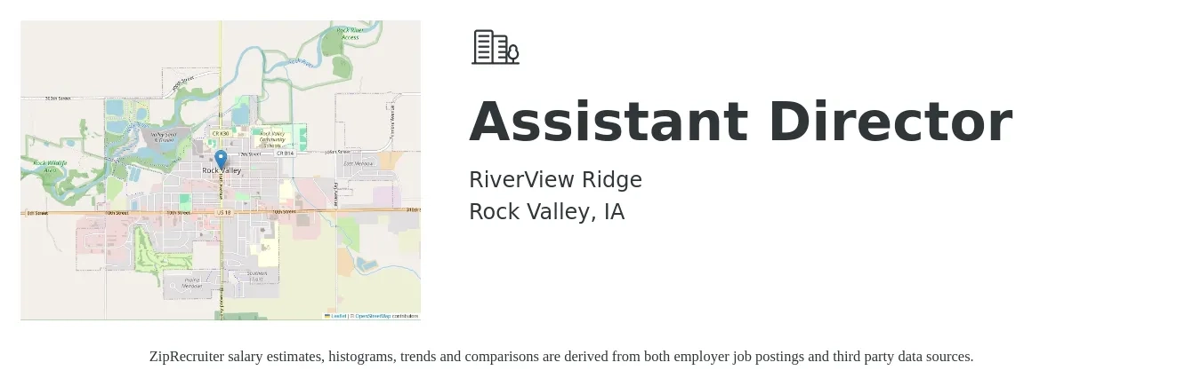RiverView Ridge job posting for a Assistant Director in Rock Valley, IA with a salary of $43,600 to $87,600 Yearly with a map of Rock Valley location.