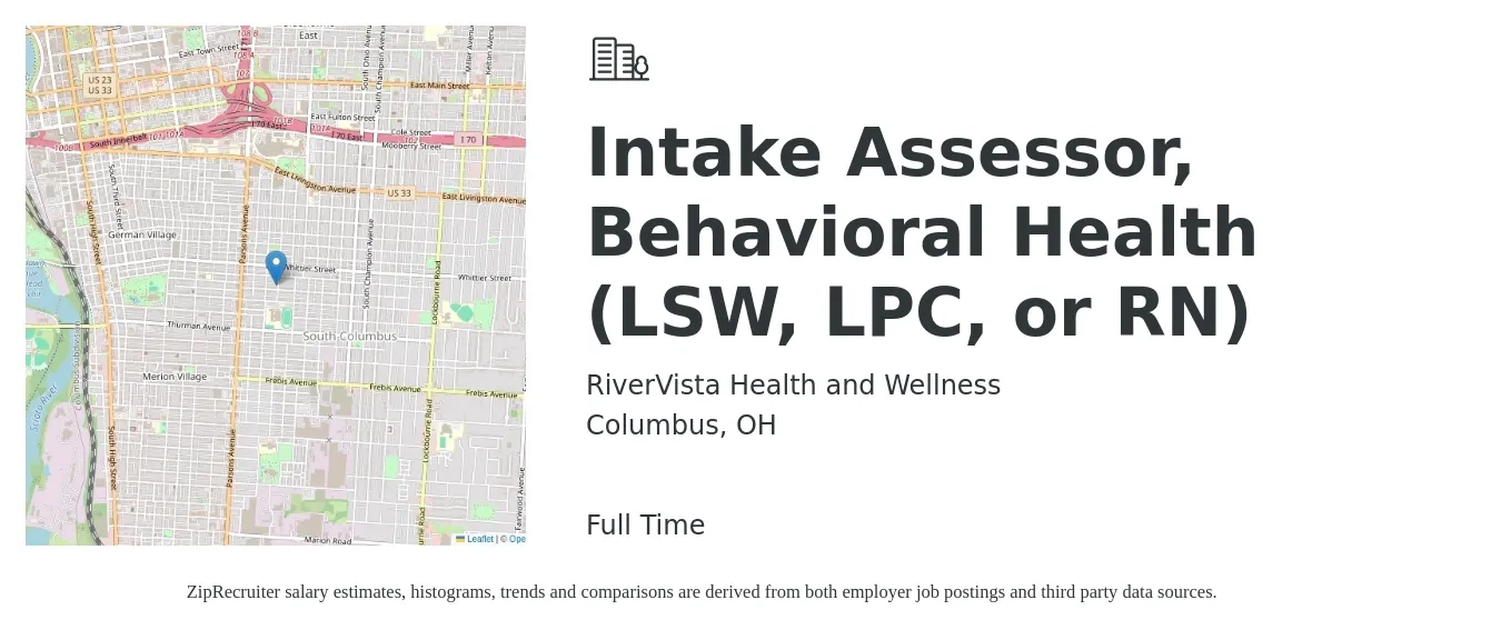 RiverVista Health and Wellness job posting for a Intake Assessor, Behavioral Health (LSW, LPC, or RN) in Columbus, OH with a map of Columbus location.