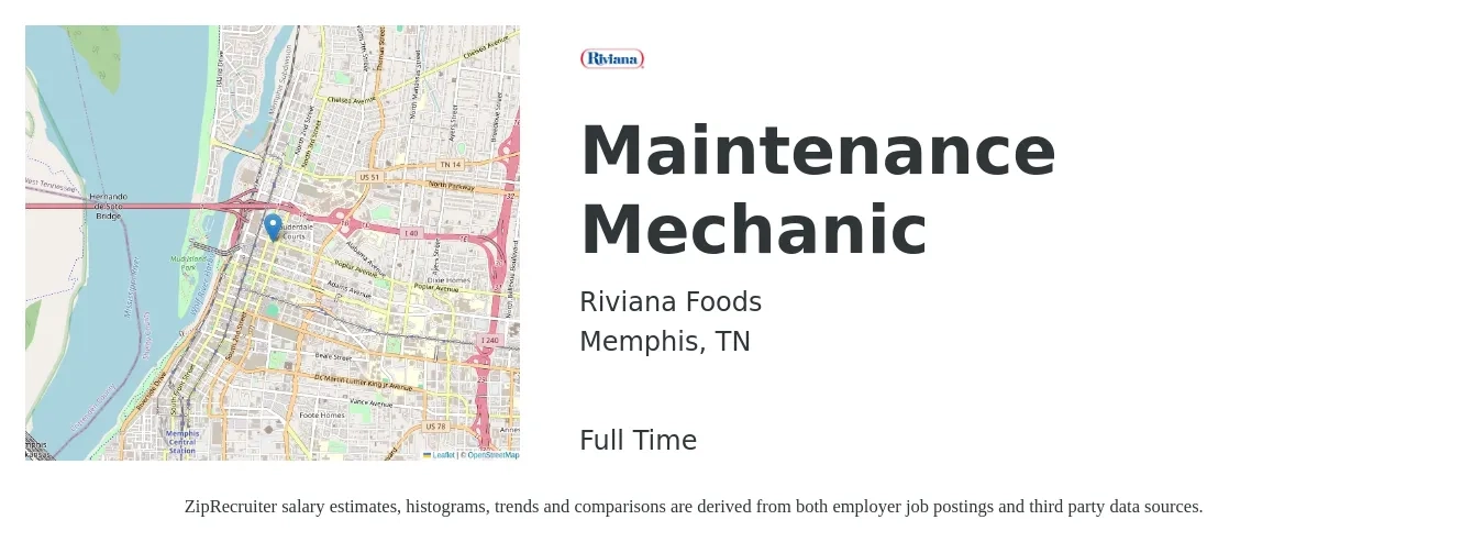 Riviana Foods job posting for a Maintenance Mechanic in Memphis, TN with a salary of $3,500 Weekly with a map of Memphis location.