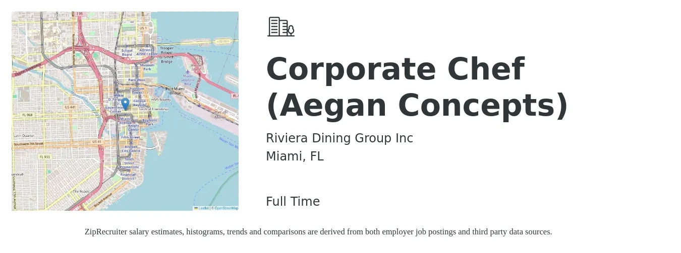 Riviera Dining Group Inc job posting for a Corporate Chef (Aegan Concepts) in Miami, FL with a salary of $76,900 to $114,200 Yearly with a map of Miami location.