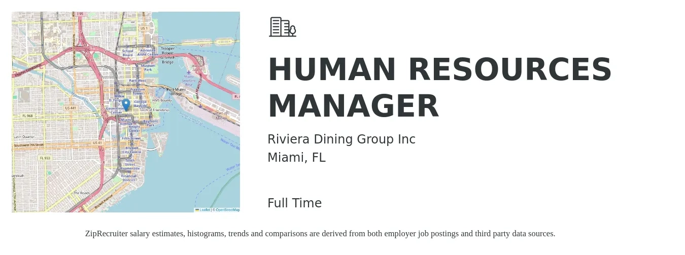 Riviera Dining Group Inc job posting for a HUMAN RESOURCES MANAGER in Miami, FL with a salary of $66,800 to $96,800 Yearly with a map of Miami location.