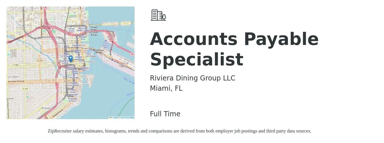 Riviera Dining Group LLC job posting for a Accounts Payable Specialist in Miami, FL with a salary of $20 to $26 Hourly with a map of Miami location.