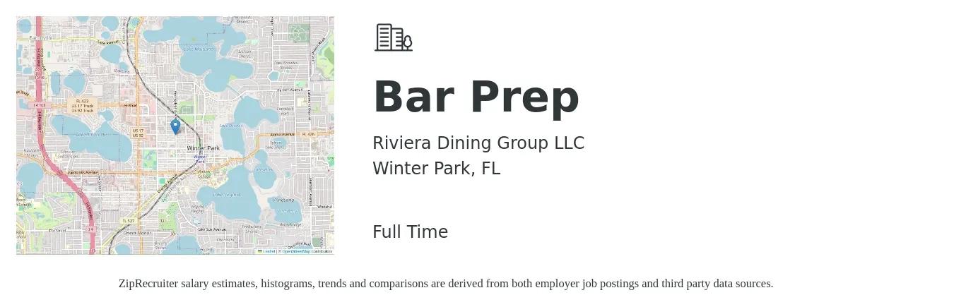 Riviera Dining Group LLC job posting for a Bar Prep in Winter Park, FL with a salary of $10 to $15 Hourly with a map of Winter Park location.
