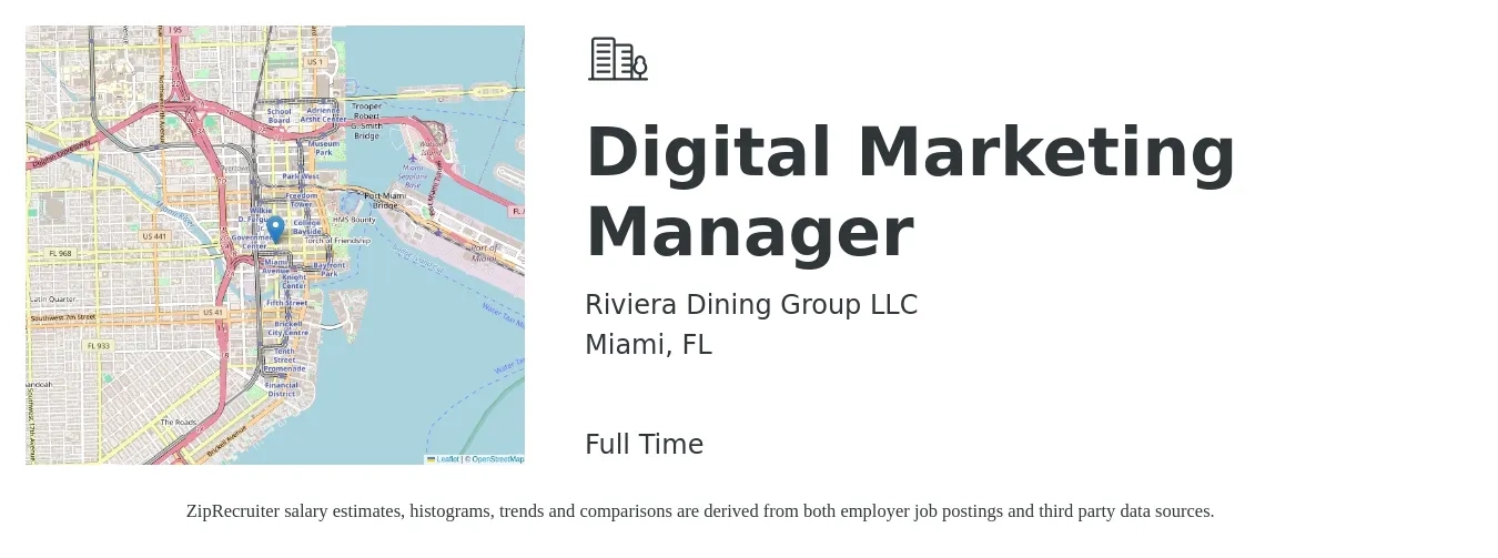 Riviera Dining Group LLC job posting for a Digital Marketing Manager in Miami, FL with a salary of $66,300 to $96,800 Yearly with a map of Miami location.
