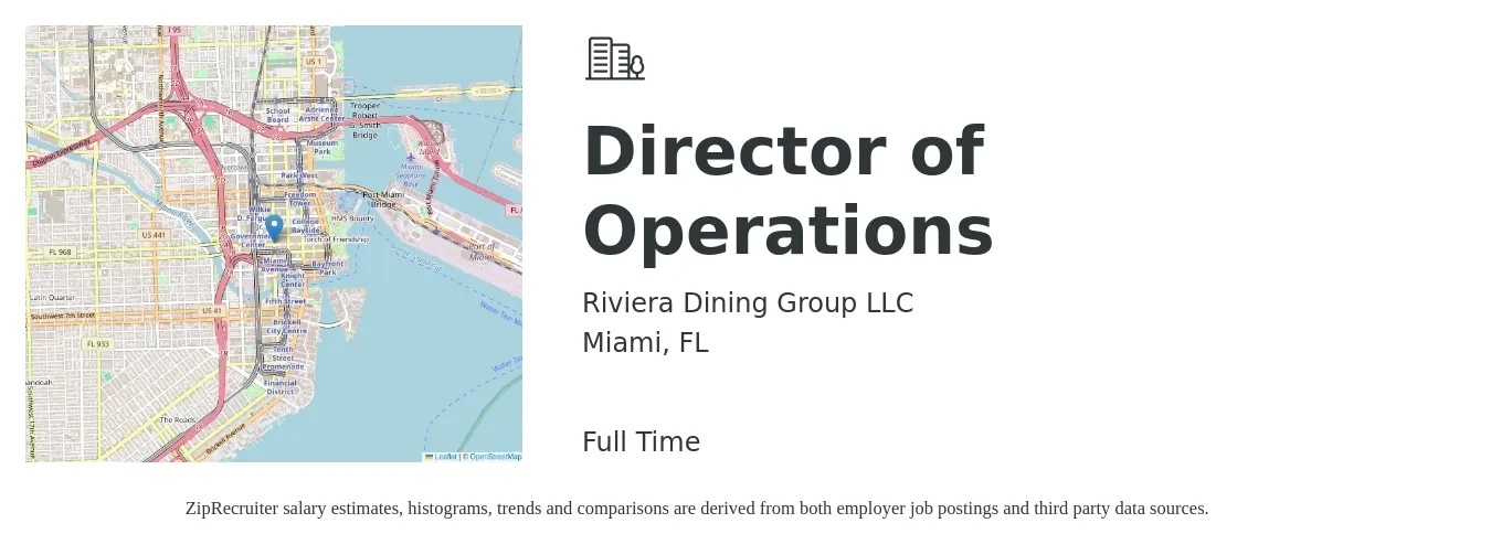 Riviera Dining Group LLC job posting for a Director of Operations in Miami, FL with a salary of $73,100 to $131,100 Yearly with a map of Miami location.