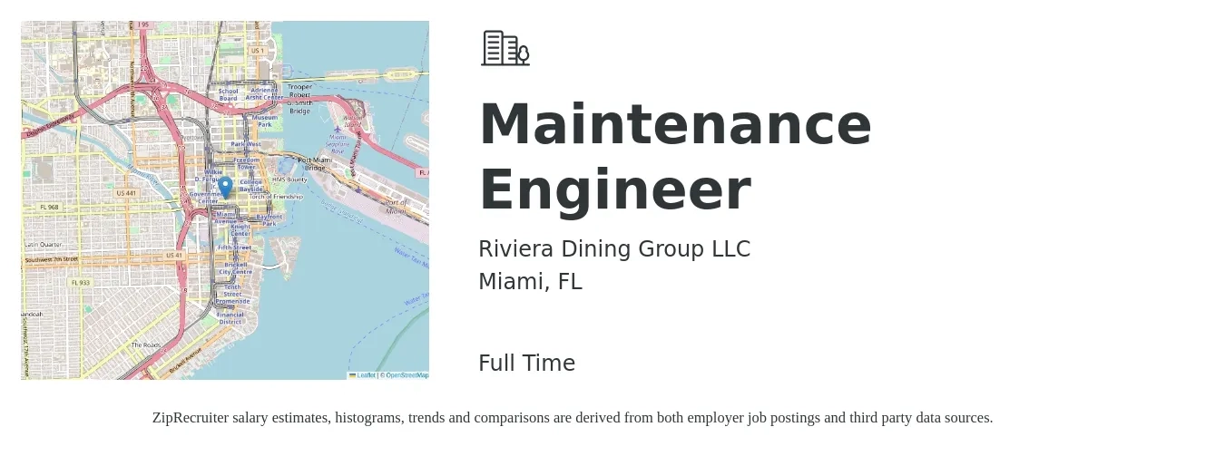 Riviera Dining Group LLC job posting for a Maintenance Engineer in Miami, FL with a salary of $18 to $32 Hourly with a map of Miami location.