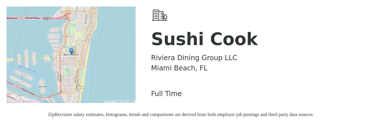 Riviera Dining Group LLC job posting for a Sushi Cook in Miami Beach, FL with a salary of $18 to $28 Hourly with a map of Miami Beach location.
