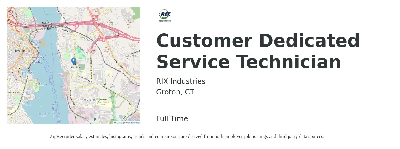 RIX INDUSTRIES job posting for a Customer Dedicated Service Technician in Groton, CT with a salary of $17 to $23 Hourly with a map of Groton location.