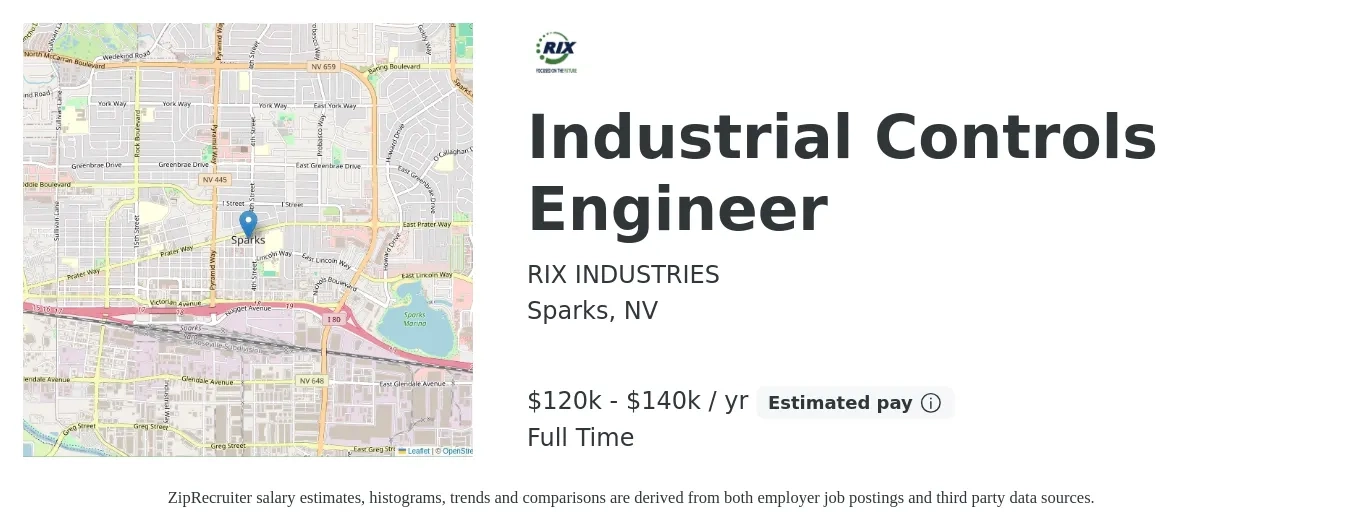 RIX Industries job posting for a Industrial Controls Engineer in Sparks, NV with a salary of $120,000 to $140,000 Yearly with a map of Sparks location.