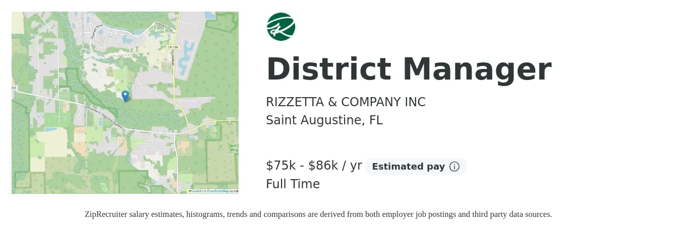 RIZZETTA & COMPANY INC job posting for a District Manager in Saint Augustine, FL with a salary of $75,000 to $86,200 Yearly with a map of Saint Augustine location.