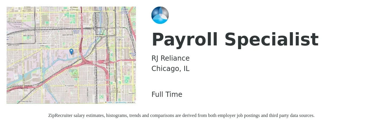 RJ Reliance job posting for a Payroll Specialist in Chicago, IL with a salary of $24 to $33 Hourly with a map of Chicago location.