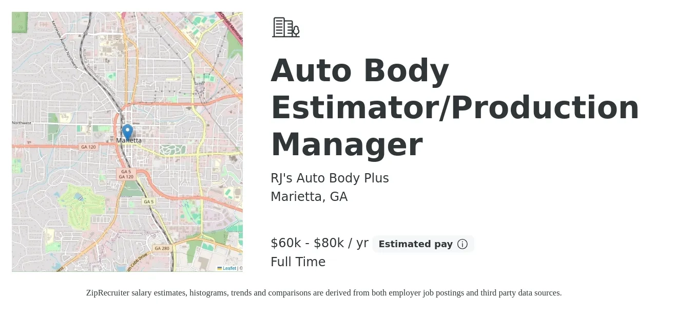 RJ's Auto Body Plus job posting for a Auto Body Estimator/Production Manager in Marietta, GA with a salary of $60,000 to $80,000 Yearly with a map of Marietta location.