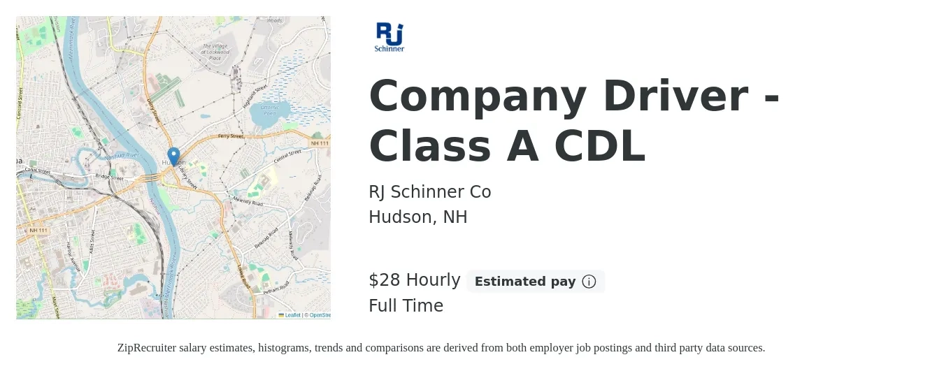 RJ Schinner Co job posting for a Company Driver - Class A CDL in Hudson, NH with a salary of $30 Hourly with a map of Hudson location.