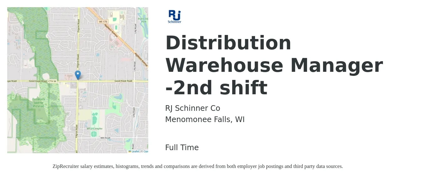 RJ Schinner Co job posting for a Distribution Warehouse Manager -2nd shift in Menomonee Falls, WI with a salary of $46,700 to $66,300 Yearly with a map of Menomonee Falls location.