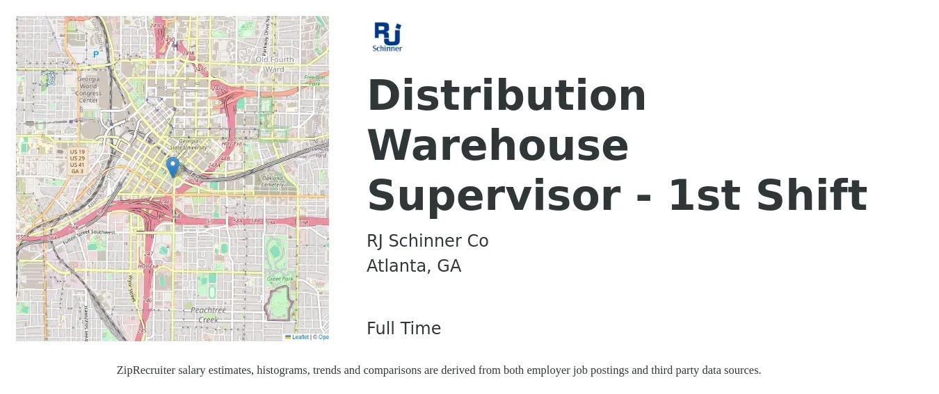 RJ Schinner Co job posting for a Distribution Warehouse Supervisor - 1st Shift in Atlanta, GA with a salary of $44,700 to $63,500 Yearly with a map of Atlanta location.