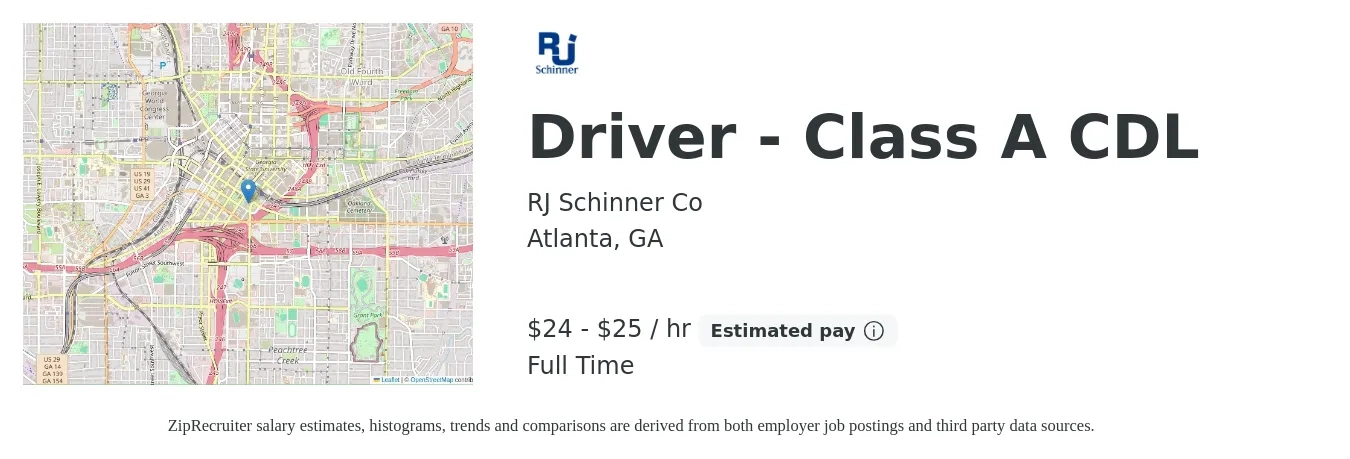 RJ Schinner Co job posting for a Driver - Class A CDL in Atlanta, GA with a salary of $25 to $26 Hourly with a map of Atlanta location.
