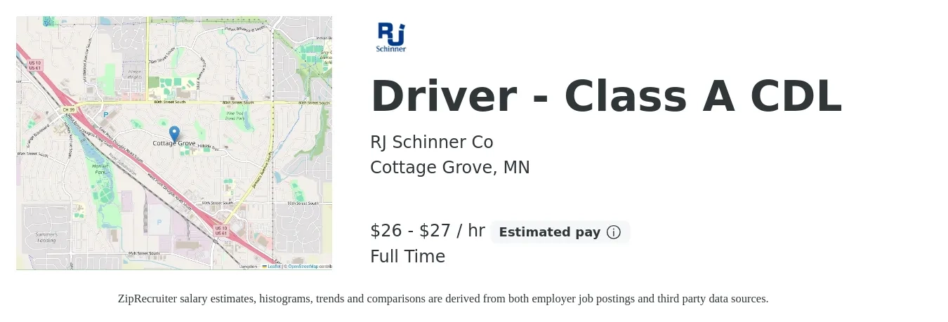 RJ Schinner Co job posting for a Driver - Class A CDL in Cottage Grove, MN with a salary of $27 to $28 Hourly with a map of Cottage Grove location.