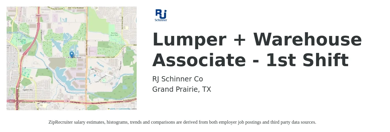 RJ Schinner Co job posting for a Lumper + Warehouse Associate - 1st Shift in Grand Prairie, TX with a salary of $18 Hourly with a map of Grand Prairie location.