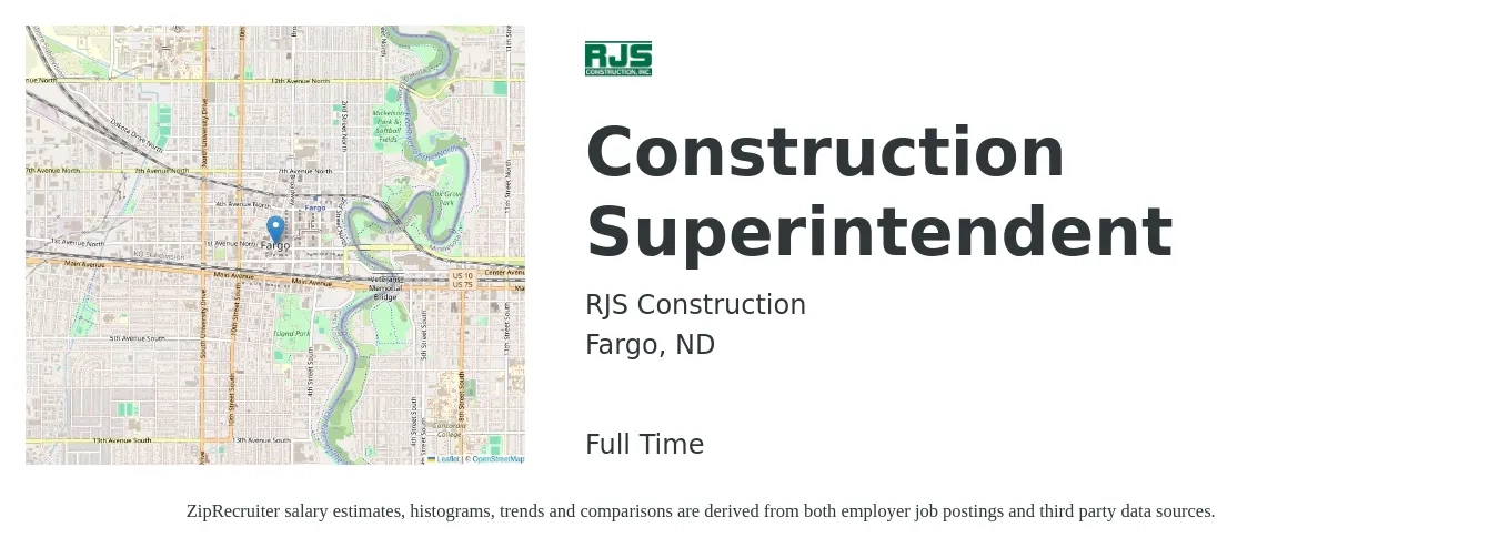 RJS Construction job posting for a Construction Superintendent in Fargo, ND with a salary of $69,700 to $113,400 Yearly with a map of Fargo location.