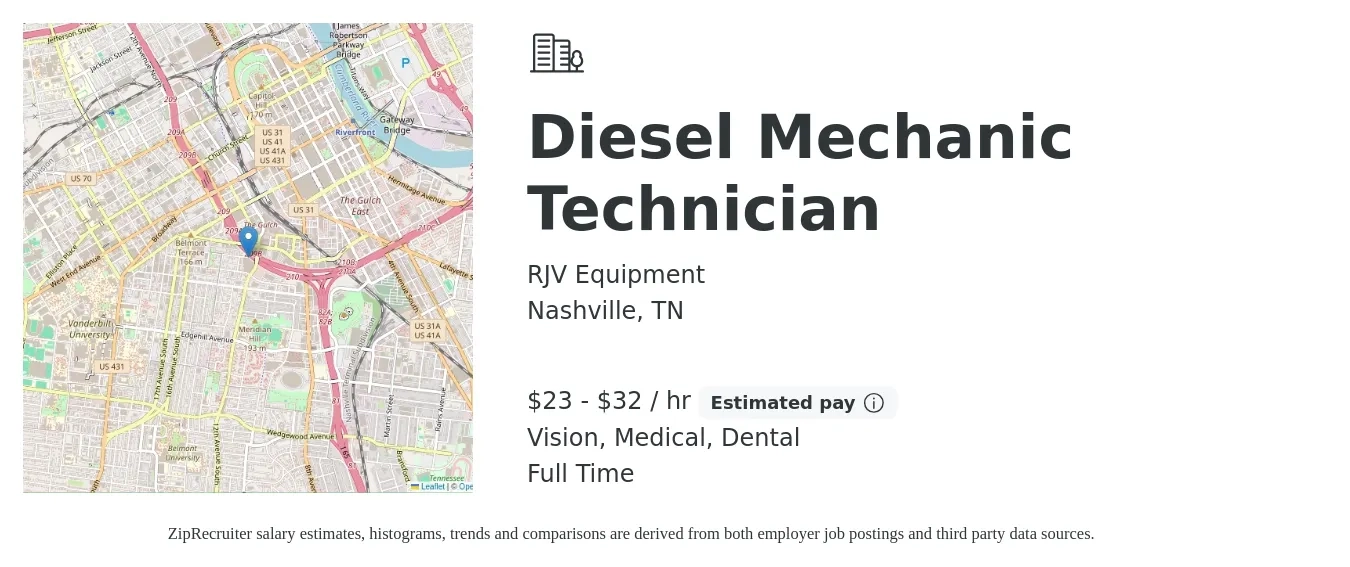 RJV Equipment job posting for a Diesel Mechanic Technician in Nashville, TN with a salary of $24 to $34 Hourly and benefits including vision, dental, life_insurance, medical, and retirement with a map of Nashville location.