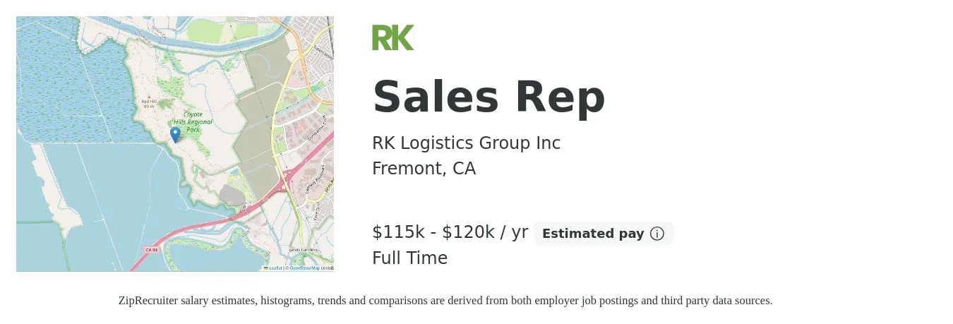 RK Logistics Group Inc job posting for a Sales Rep in Fremont, CA with a salary of $115,000 to $120,000 Yearly with a map of Fremont location.