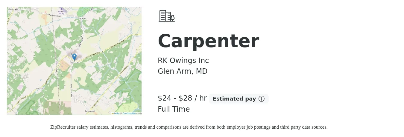 RK Owings Inc job posting for a Carpenter in Glen Arm, MD with a salary of $25 to $30 Hourly and benefits including pto, and retirement with a map of Glen Arm location.
