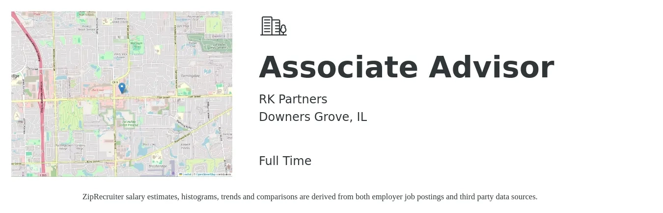 RK Partners job posting for a Associate Advisor in Downers Grove, IL with a salary of $39,900 to $82,300 Yearly with a map of Downers Grove location.