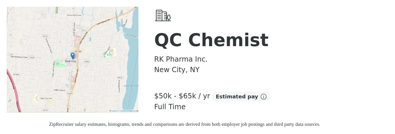 RK Pharma Inc. job posting for a QC Chemist in New City, NY with a salary of $50,000 to $65,000 Yearly with a map of New City location.