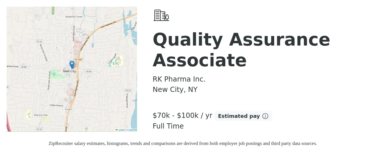 RK Pharma Inc. job posting for a Quality Assurance Associate in New City, NY with a salary of $70,000 to $100,000 Yearly with a map of New City location.