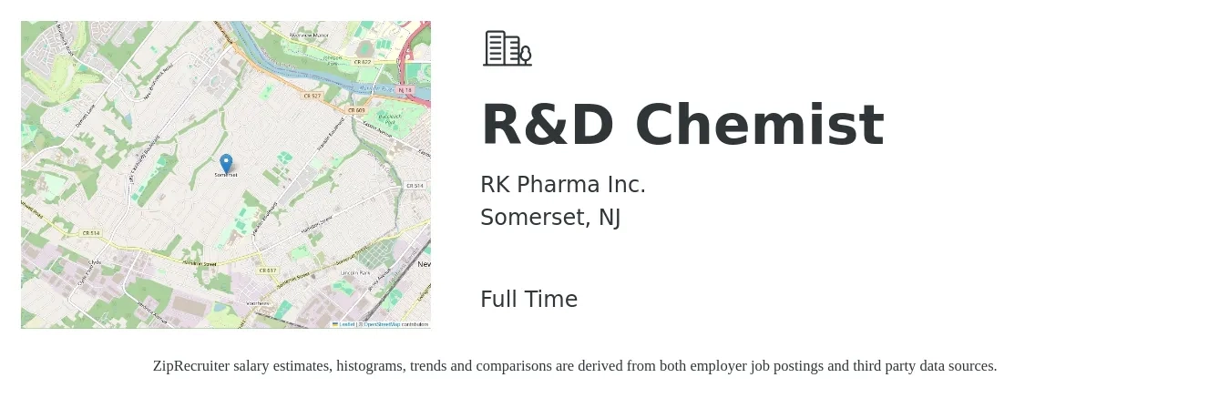 RK Pharma Inc. job posting for a R&D Chemist in Somerset, NJ with a salary of $56,500 to $116,200 Yearly with a map of Somerset location.