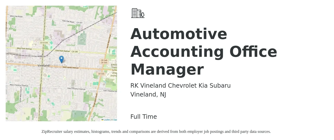 RK Vineland Chevrolet Kia Subaru job posting for a Automotive Accounting Office Manager in Vineland, NJ with a salary of $49,600 to $69,500 Yearly with a map of Vineland location.