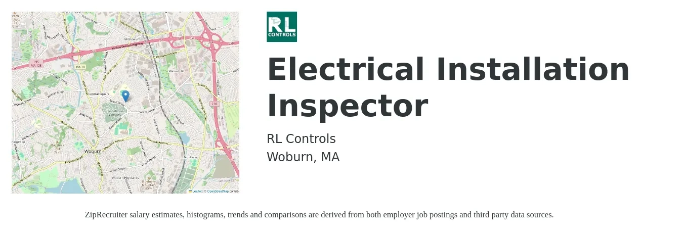 RL Controls job posting for a Electrical Installation Inspector in Woburn, MA with a salary of $30 Hourly with a map of Woburn location.