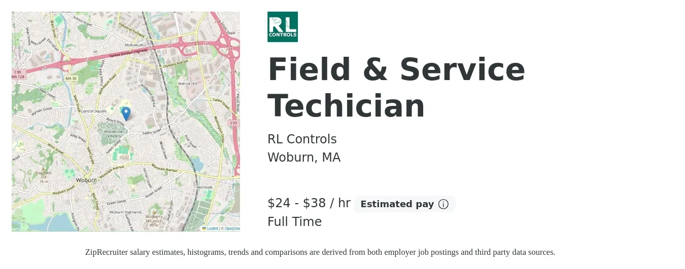 RL Controls job posting for a Field & Service Techician in Woburn, MA with a salary of $25 to $40 Hourly with a map of Woburn location.