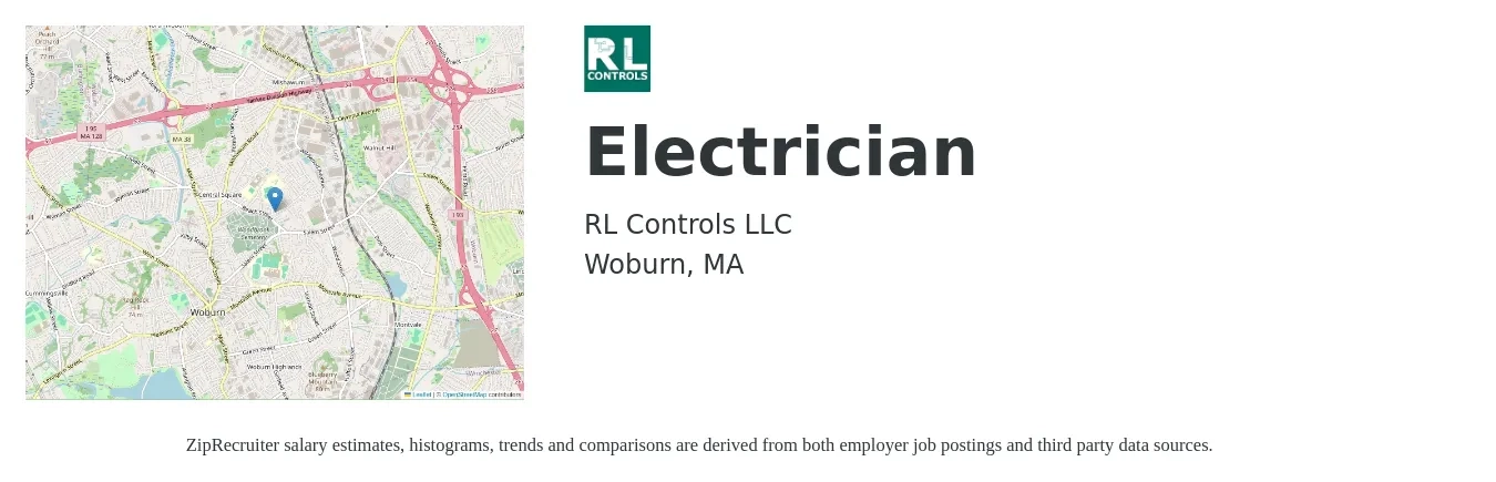 RL Controls job posting for a Electrician in Woburn, MA with a salary of $30 Hourly with a map of Woburn location.