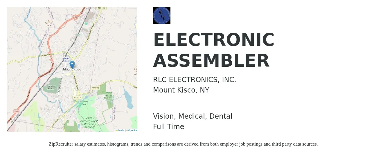RLC ELECTRONICS, INC. job posting for a ELECTRONIC ASSEMBLER in Mount Kisco, NY with a salary of $18 to $24 Hourly and benefits including vision, dental, life_insurance, medical, and retirement with a map of Mount Kisco location.