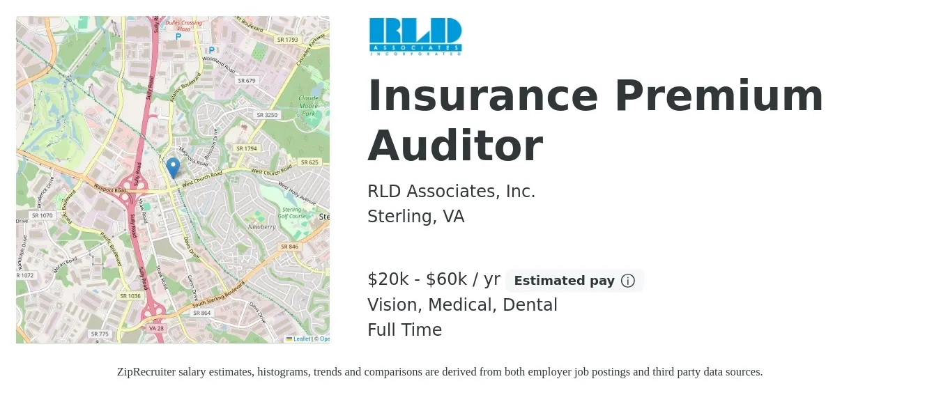RLD Associates, Inc. job posting for a Insurance Premium Auditor in Sterling, VA with a salary of $20,000 to $60,000 Yearly and benefits including dental, life_insurance, medical, pto, retirement, and vision with a map of Sterling location.