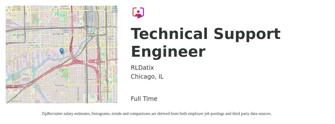RLDatix job posting for a Technical Support Engineer in Chicago, IL with a salary of $59,800 to $101,500 Yearly with a map of Chicago location.