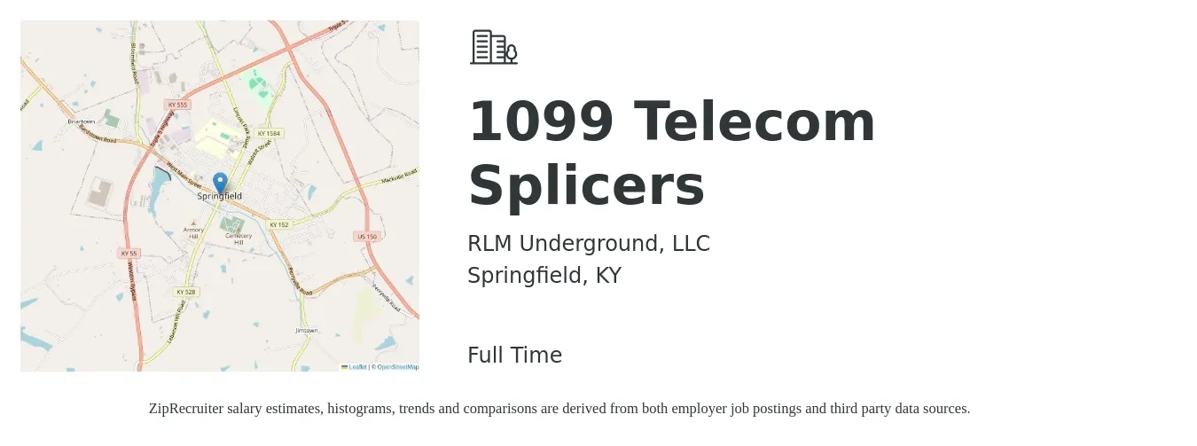 RLM Underground, LLC job posting for a 1099 Telecom Splicers in Springfield, KY with a salary of $20 to $24 Hourly with a map of Springfield location.