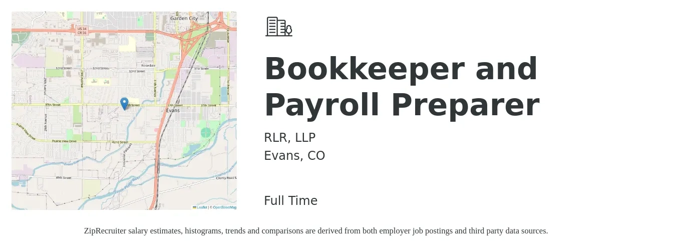 RLR, LLP job posting for a Bookkeeper and Payroll Preparer in Evans, CO with a salary of $53,000 to $60,000 Yearly with a map of Evans location.