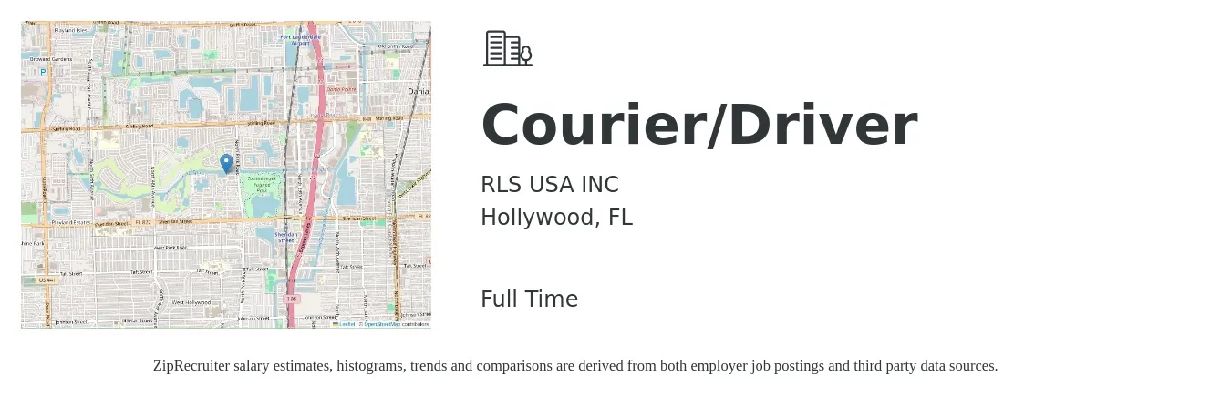 RLS USA INC job posting for a Courier/Driver in Hollywood, FL with a salary of $15 to $21 Hourly with a map of Hollywood location.