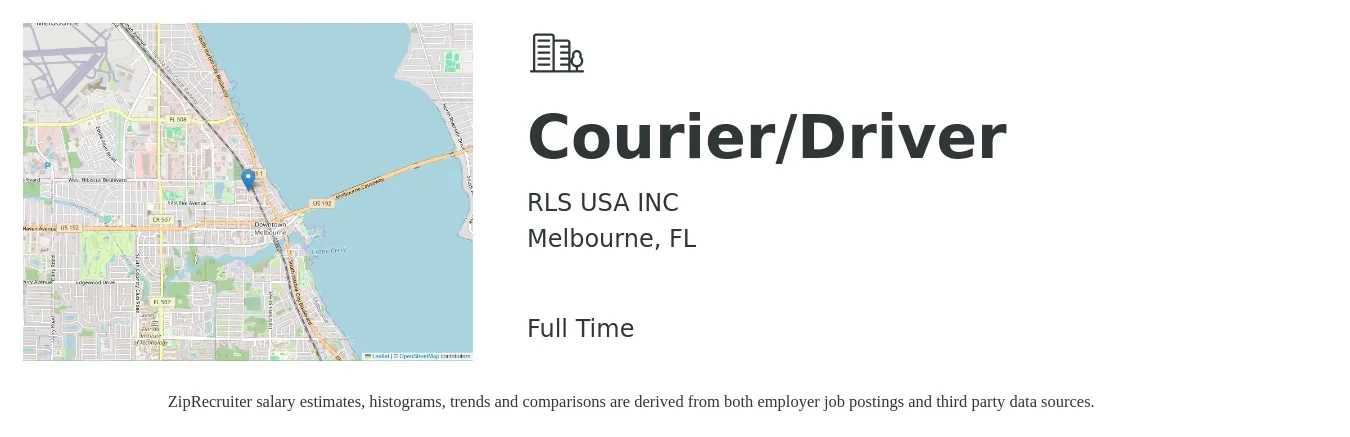 RLS USA INC job posting for a Courier/Driver in Melbourne, FL with a salary of $16 to $21 Hourly with a map of Melbourne location.