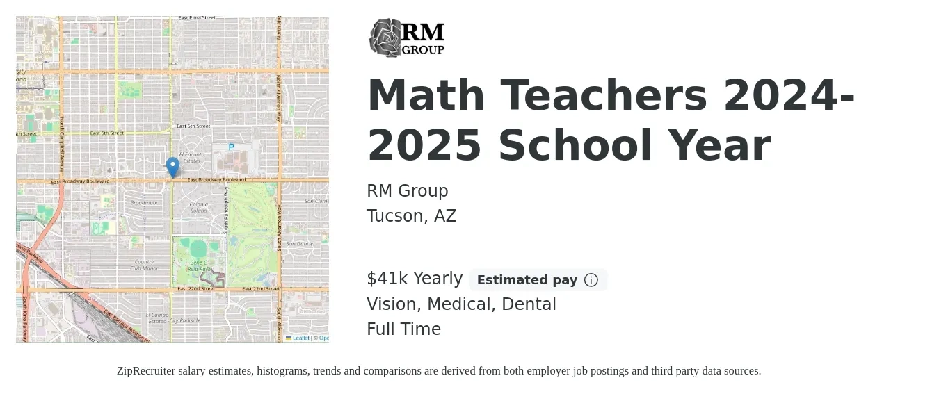 RM Group job posting for a Math Teachers 2024-2025 School Year in Tucson, AZ with a salary of $41,777 Yearly and benefits including dental, life_insurance, medical, and vision with a map of Tucson location.