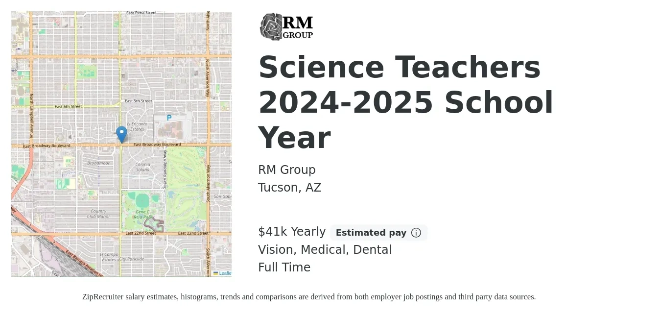 RM Group job posting for a Science Teachers 2024-2025 School Year in Tucson, AZ with a salary of $41,777 Yearly and benefits including dental, life_insurance, medical, and vision with a map of Tucson location.