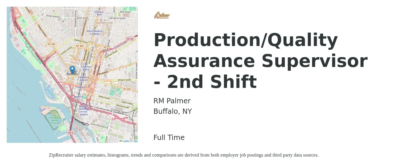 RM Palmer job posting for a Production/Quality Assurance Supervisor - 2nd Shift in Buffalo, NY with a salary of $16 to $34 Hourly with a map of Buffalo location.