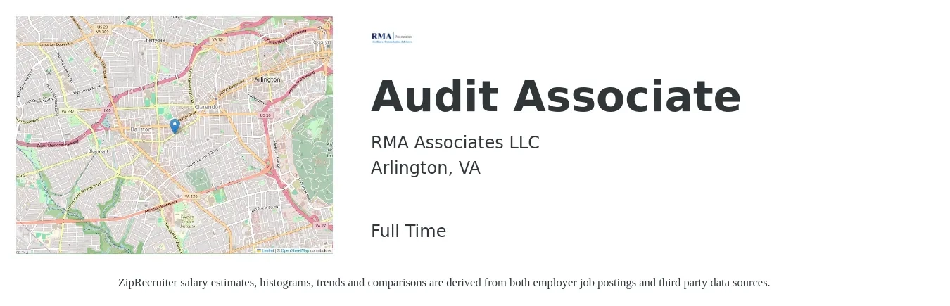 RMA Associates LLC job posting for a Audit Associate in Arlington, VA with a salary of $66,300 to $93,900 Yearly with a map of Arlington location.