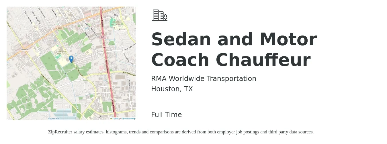 RMA Worldwide Transportation job posting for a Sedan and Motor Coach Chauffeur in Houston, TX with a salary of $19 to $29 Hourly with a map of Houston location.